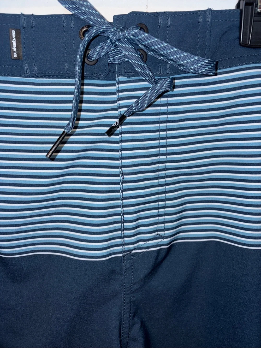 Quiksilver Men’s Navy and Light Blue Striped Boardshorts